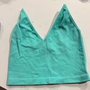 Teal Ribbed V-Neck Crop Top